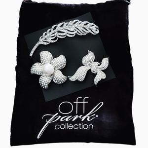 Off Park Collection 3 Piece White Crystal Brooch Set Feather Flower Bow NWT